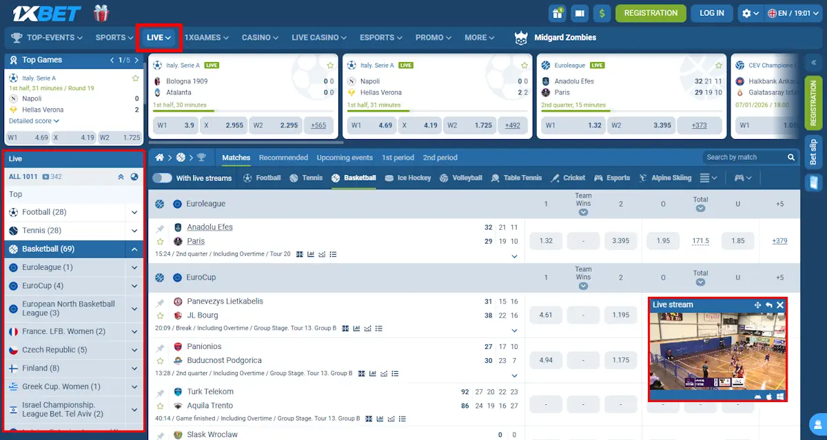 1xBet Basketball Live Betting Screenshot